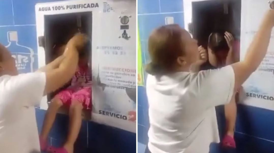 Mujer baña a niña en despachador de agua por escasez y se vuelve viral