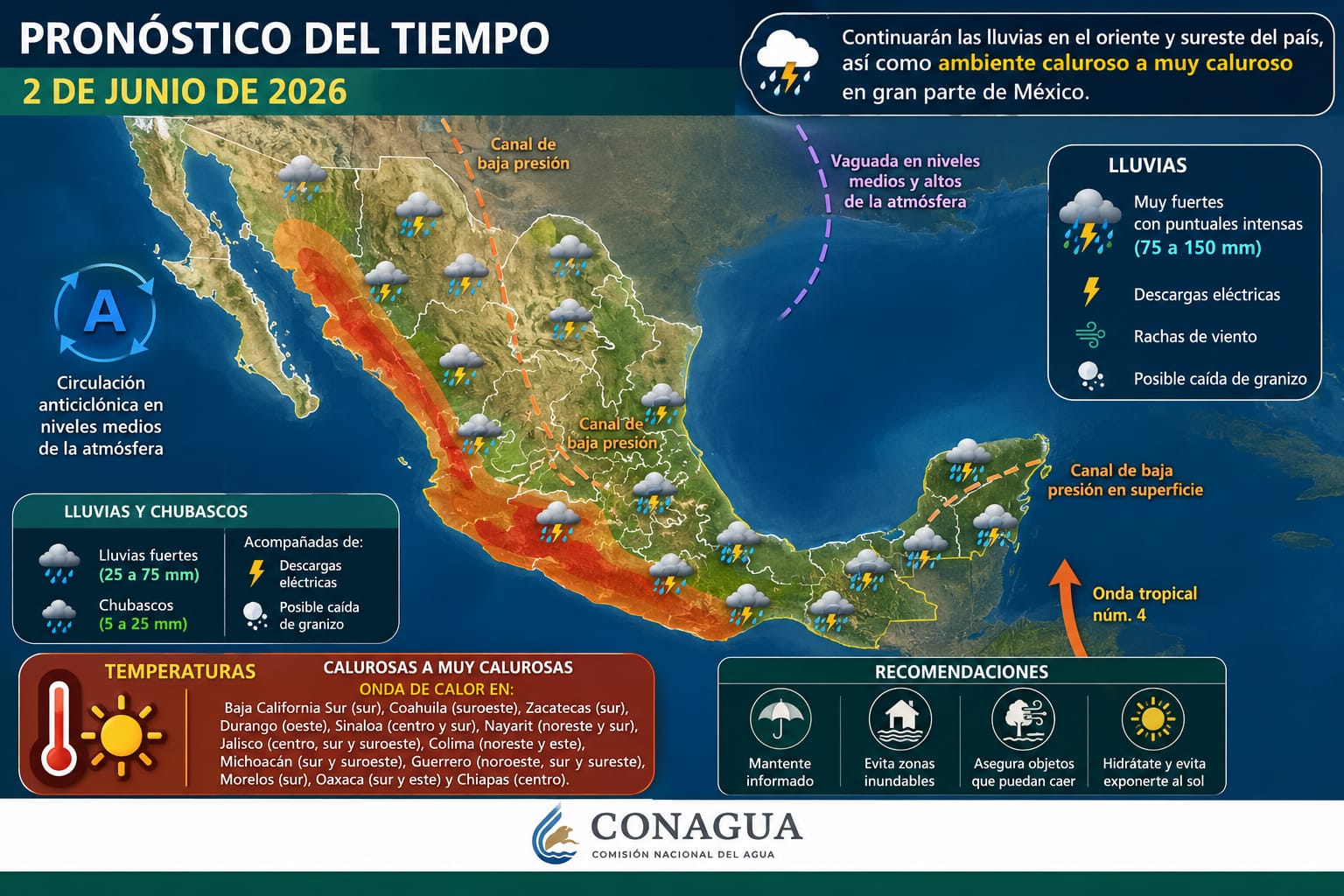 Prevalecerá el temporal de lluvias en el oriente y sureste de México,