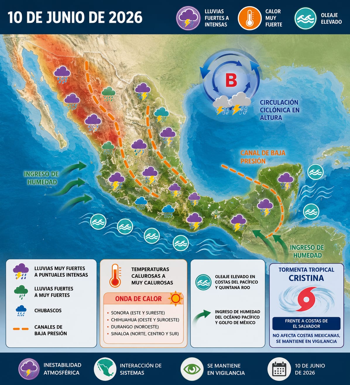 Pronostican lluvias fuertes a intensas en el golfo y la región sureste de México
