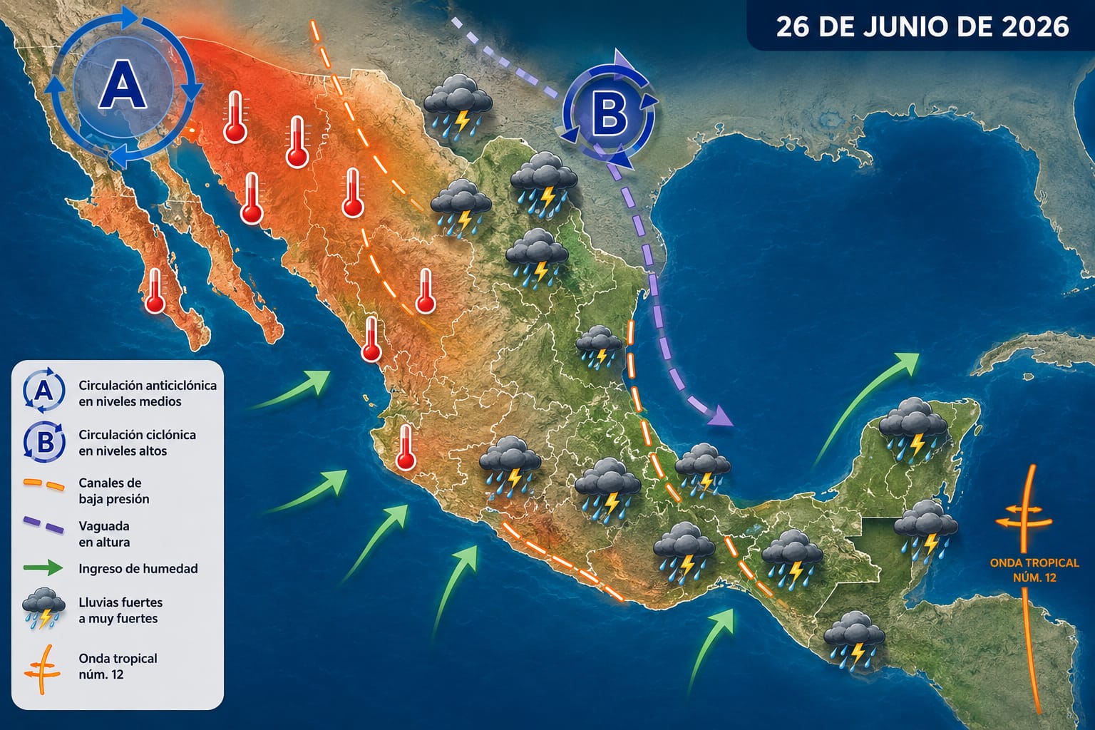 Pronostican lluvias puntuales fuertes en el sur del país y la península de Yucatán