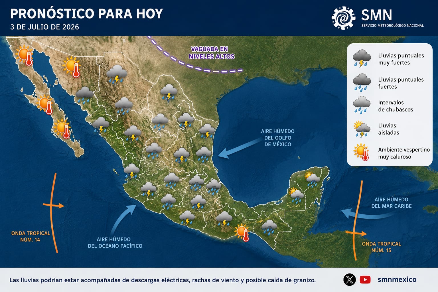 Ondas tropicales 14 y 15 se desplazarán sobre México