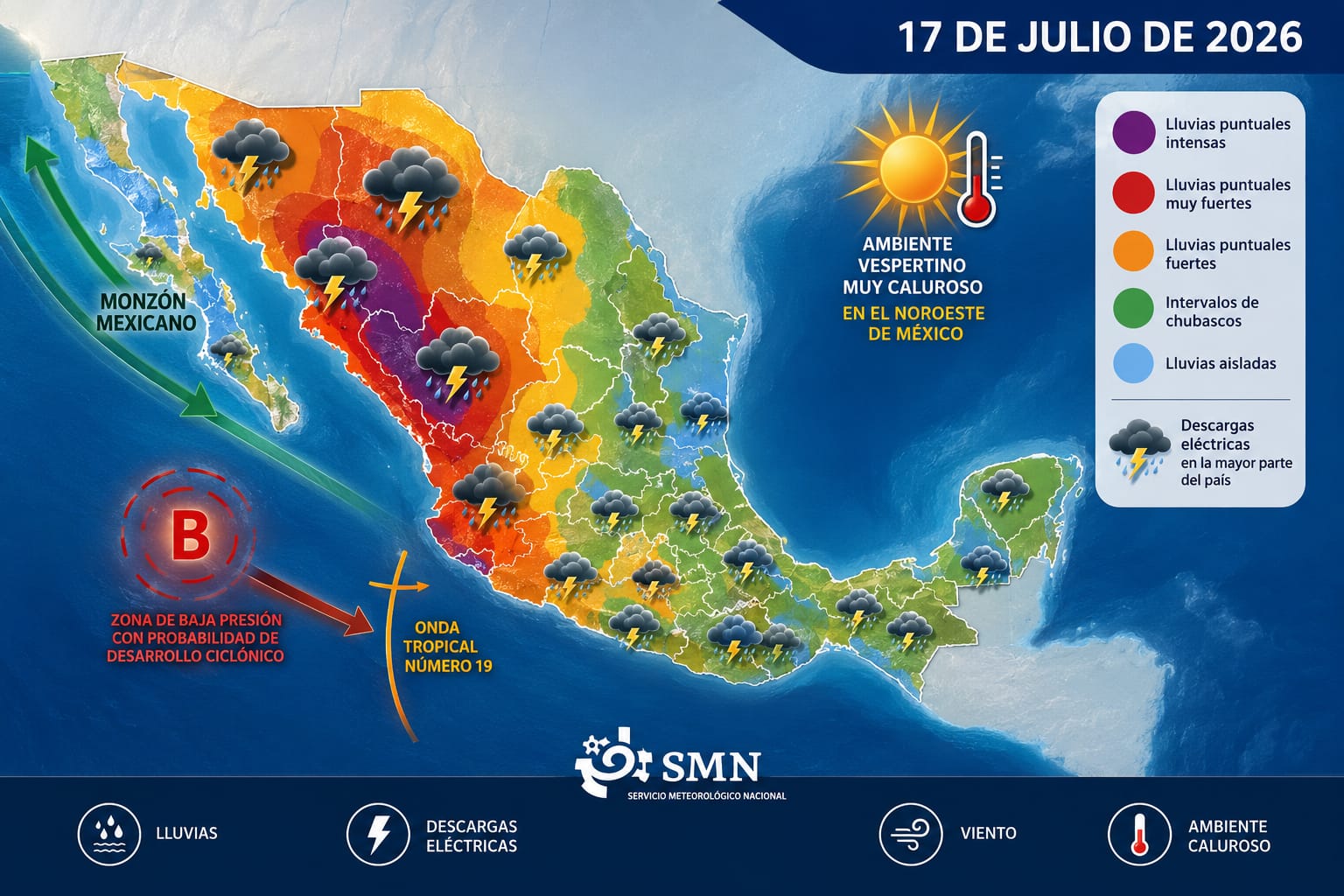 La onda tropical 19 se extenderá frente a las costas del Pacífico central mexicano