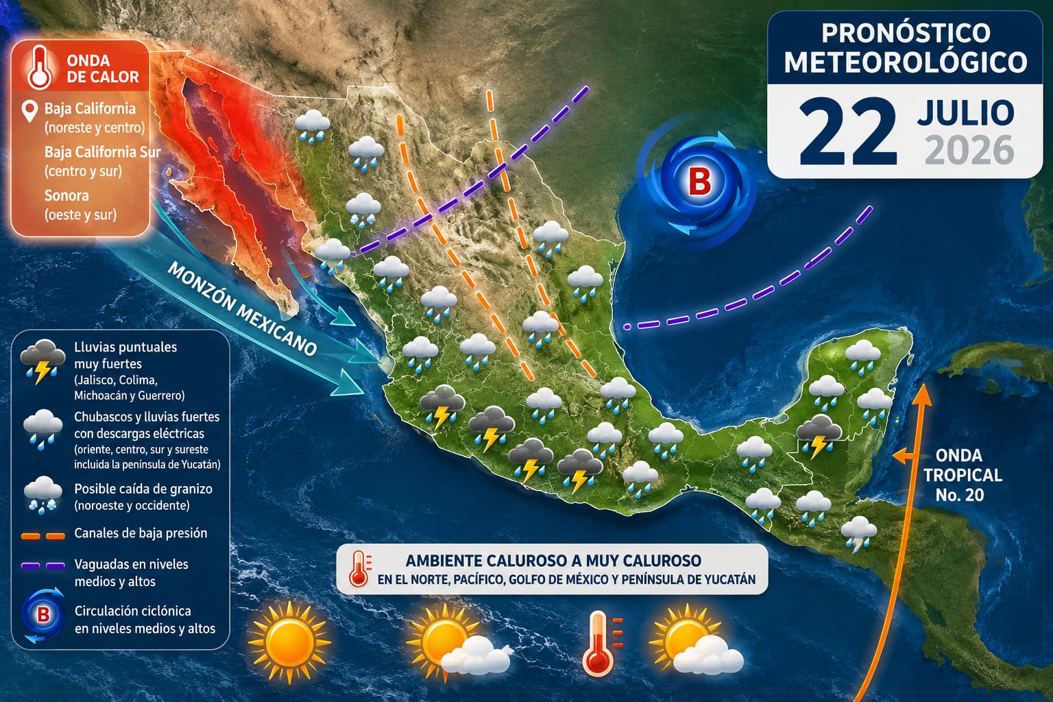 La onda tropical número 20 se desplazará sobre el sureste mexicano