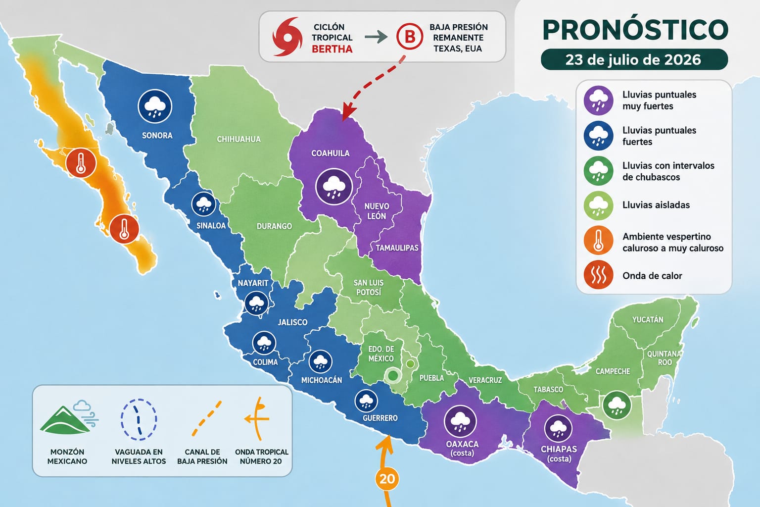 El avance de la onda tropical número 20 sobre el sureste y sur del país, generará lluvias fuertes