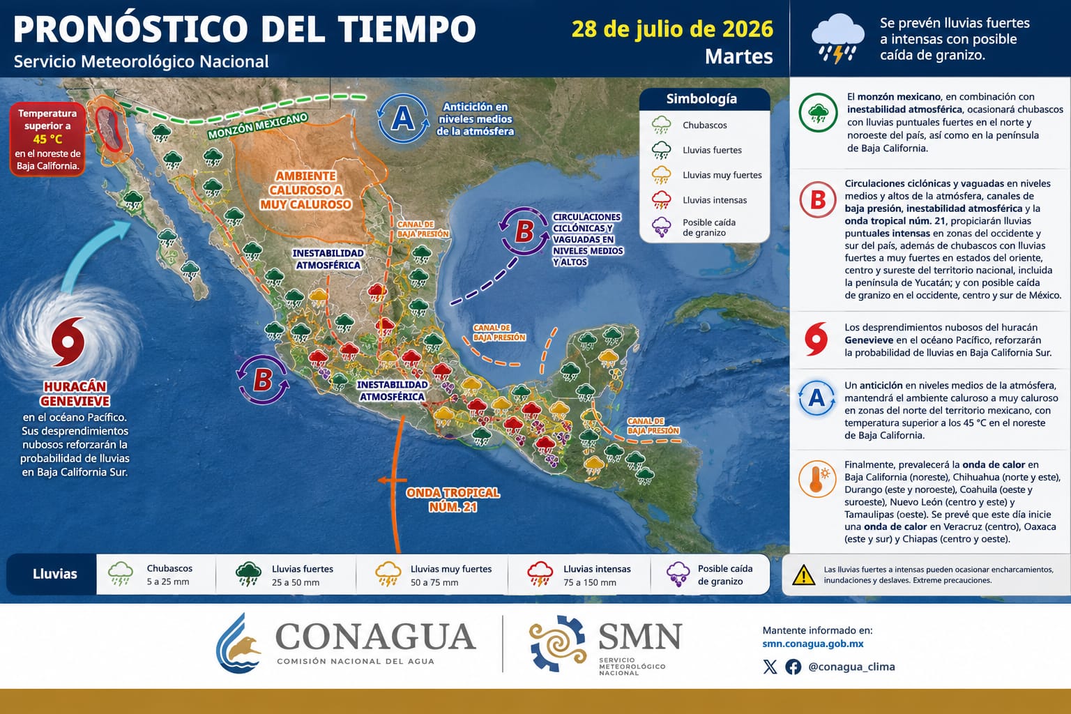 La onda tropical 21 propiciará lluvias intensas en zonas del occidente y sur del país