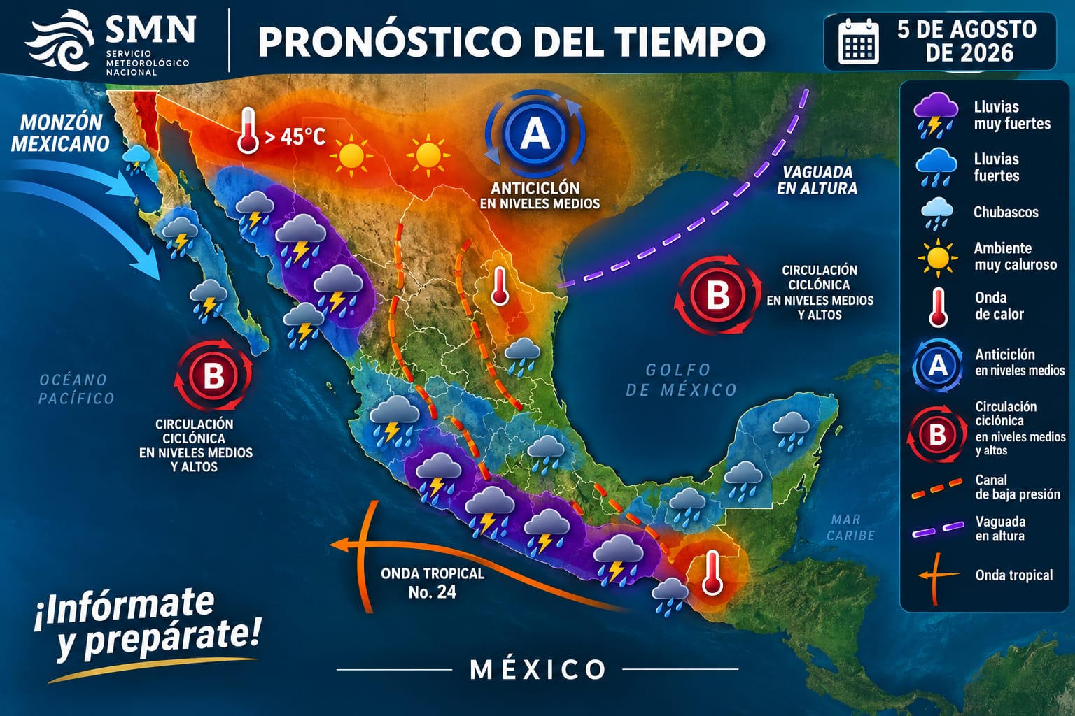 La onda tropical número 24 se desplazará sobre el sur del territorio nacional