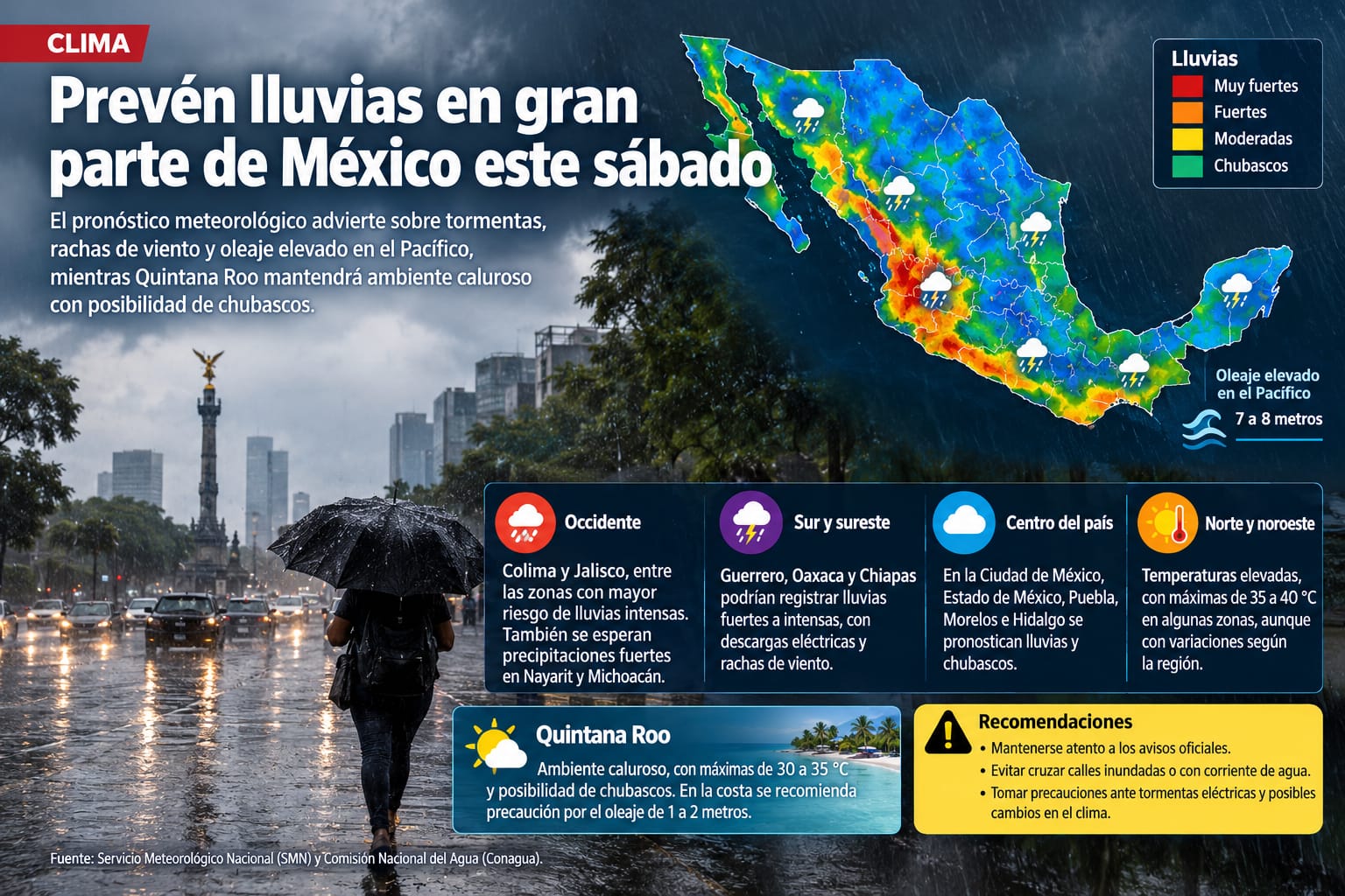 Prevén lluvias en gran parte de México este sábado